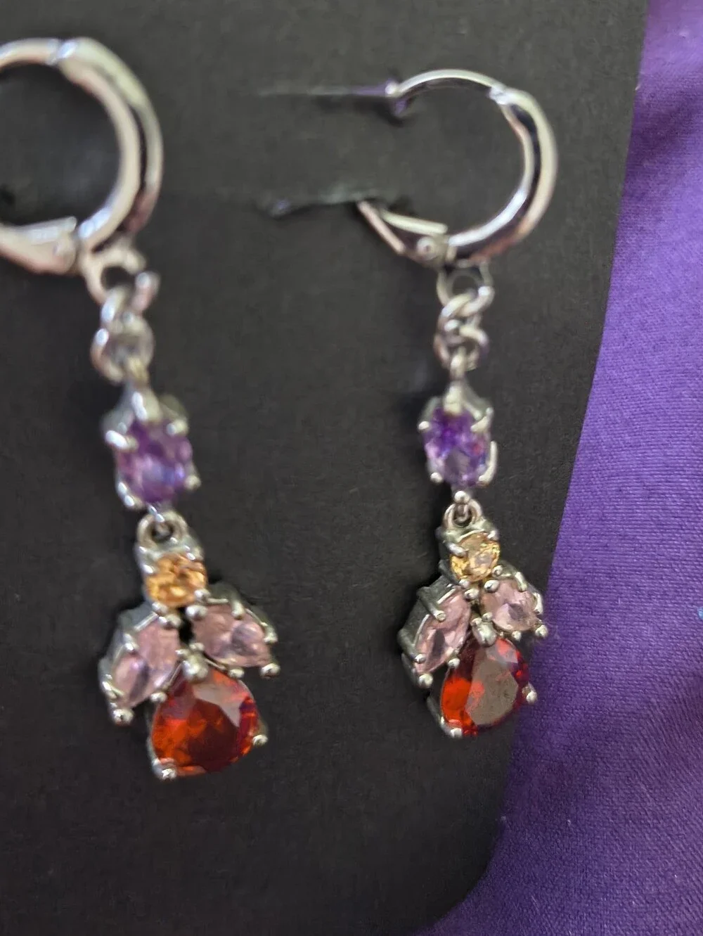 Stunning Silver Plated Mulit Color Gemstone Dangle Earrings. Estate Find